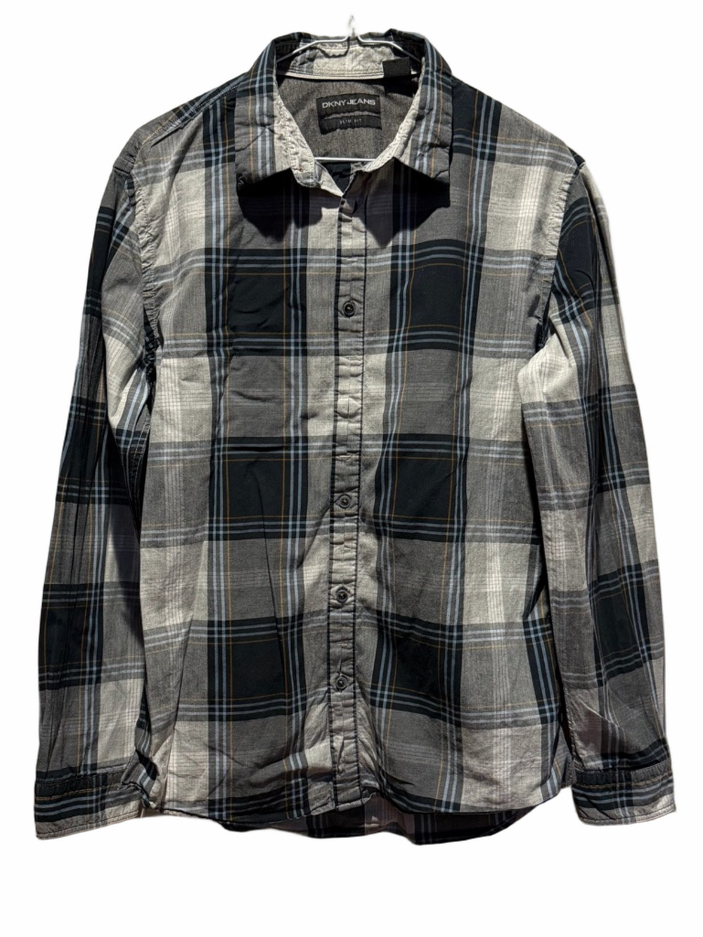 DKNY Slim Fit Men Medium Black Grey Plaid Long Sleeve Casual Button Up Shirt Top